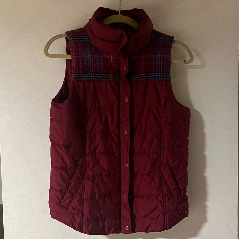 Red Puffer Vest with Plaid Accents